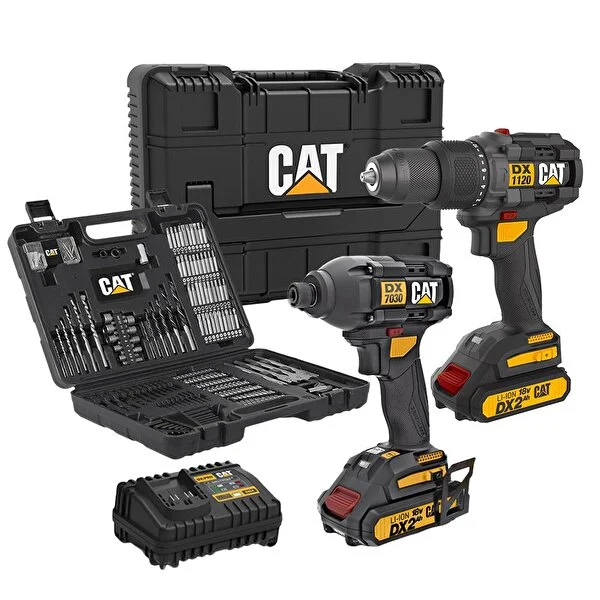 CAT 18V Sett Borvél 65Nm með höggi, og Skrúfvél 215N.m, 2x2Ah, hleðslutæki og taska 